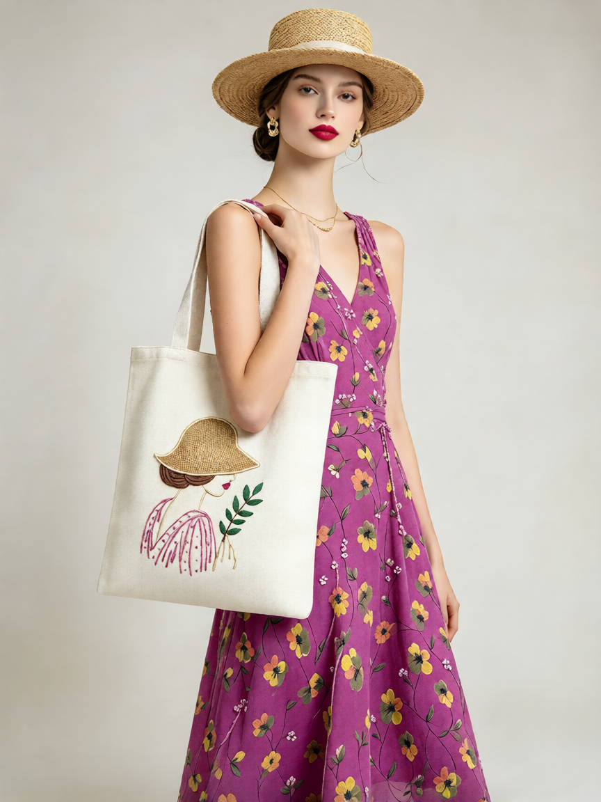 Garden Girl Embroidered Canvas Tote Bag