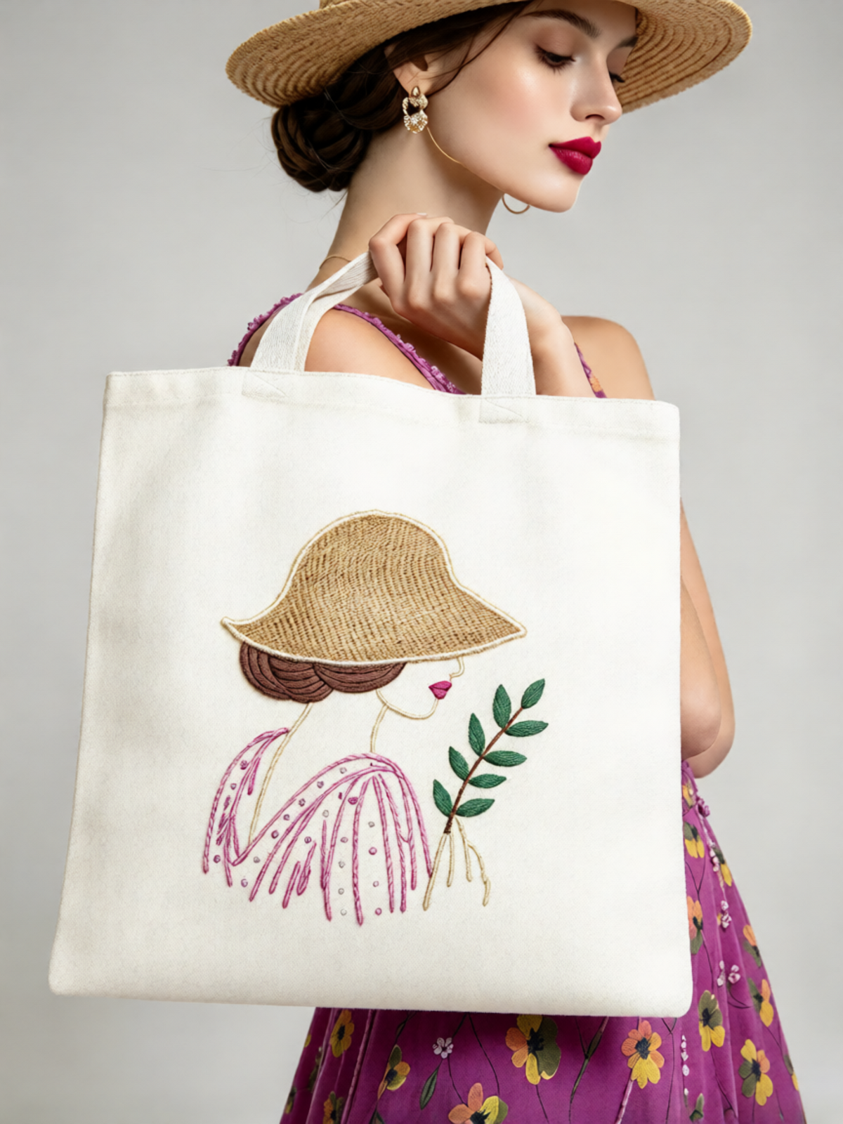 Garden Girl Embroidered Canvas Tote Bag