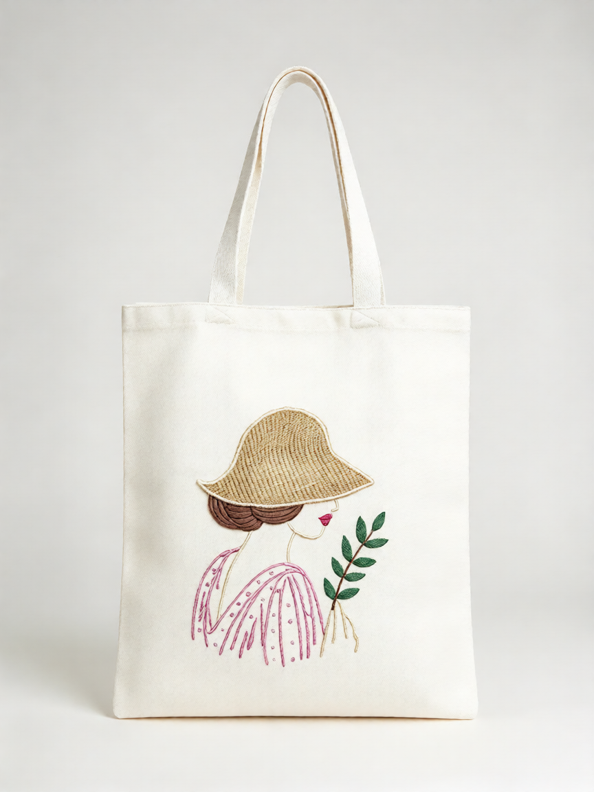 Garden Girl Embroidered Canvas Tote Bag