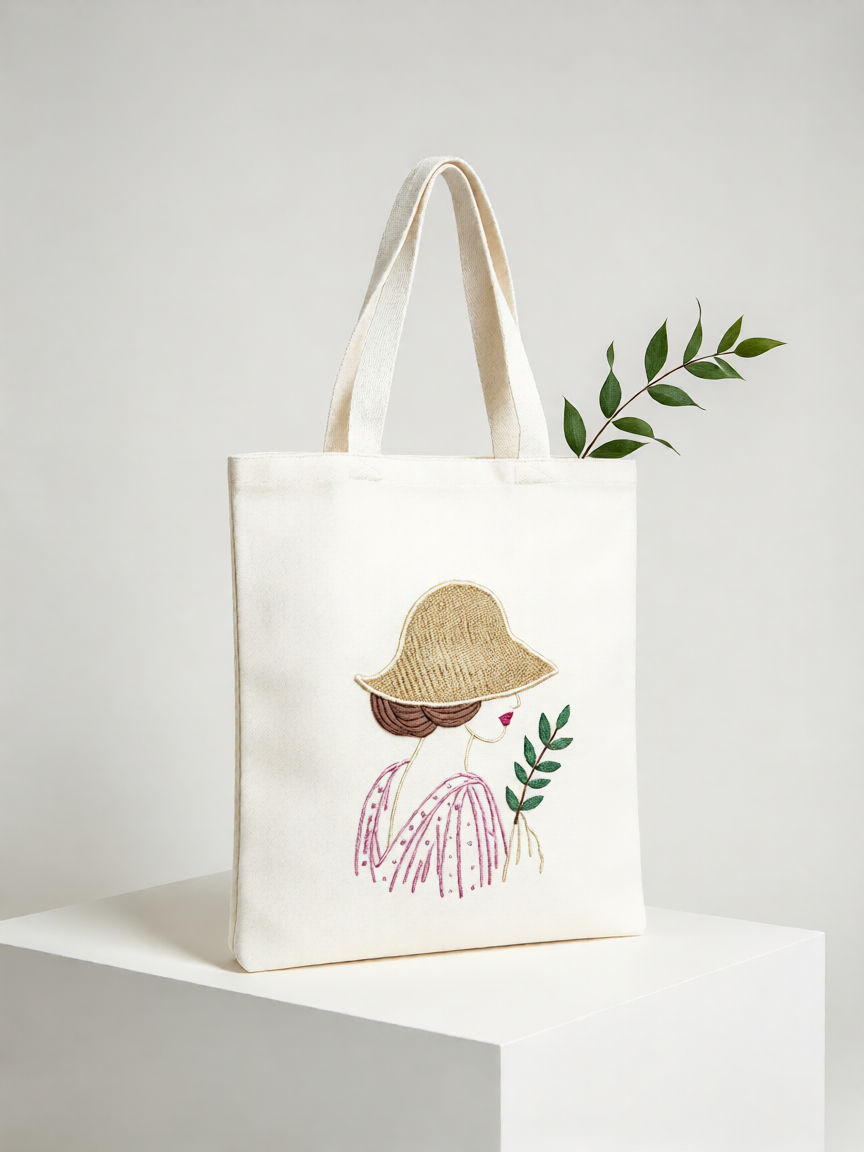 Garden Girl Embroidered Canvas Tote Bag