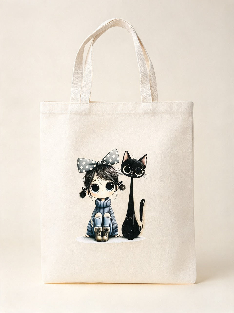 Midnight Duo Girl & Cat Canvas Tote Bag