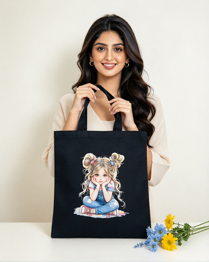 Cute Daydream Girl Black Canvas Tote Bag