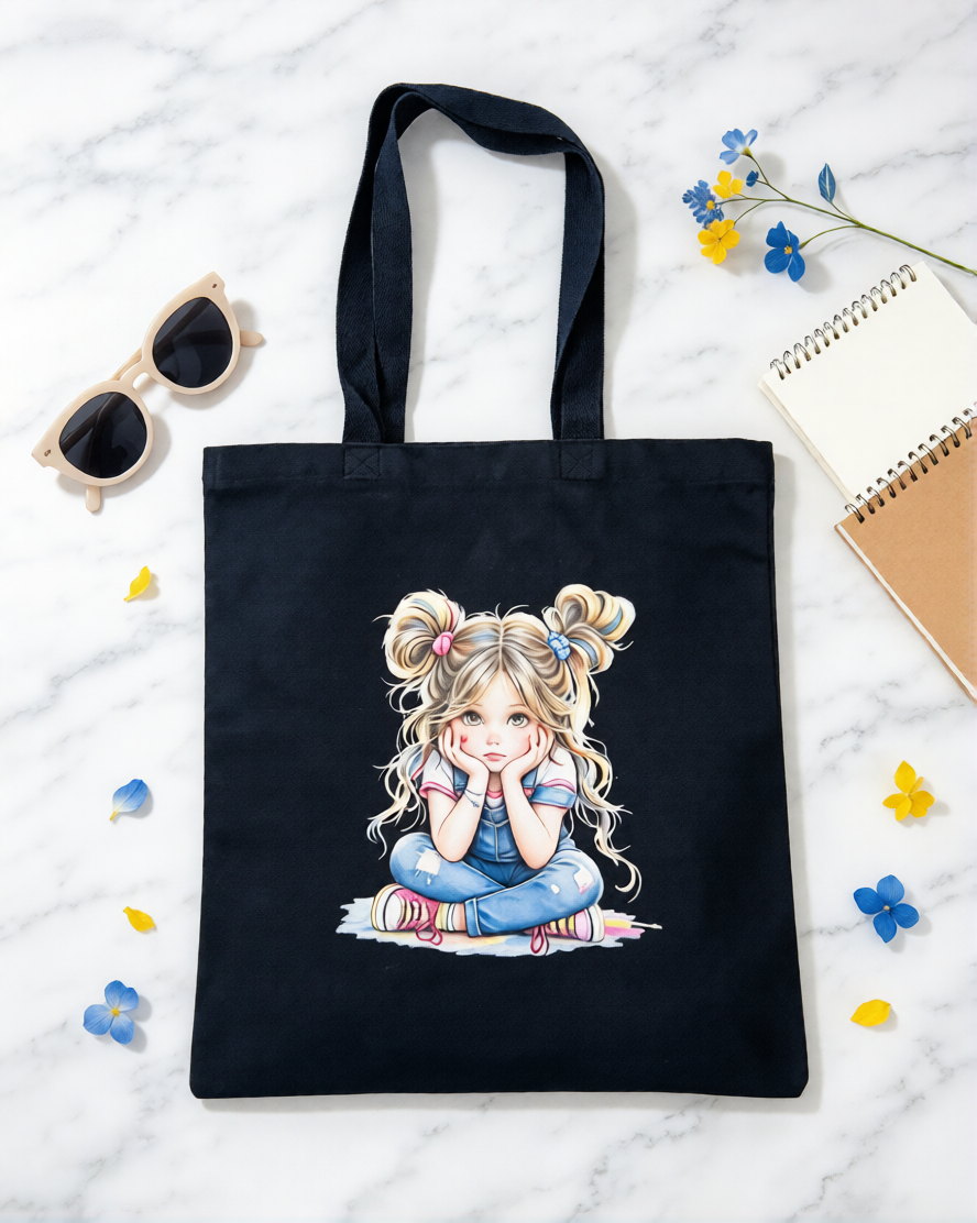Cute Daydream Girl Black Canvas Tote Bag
