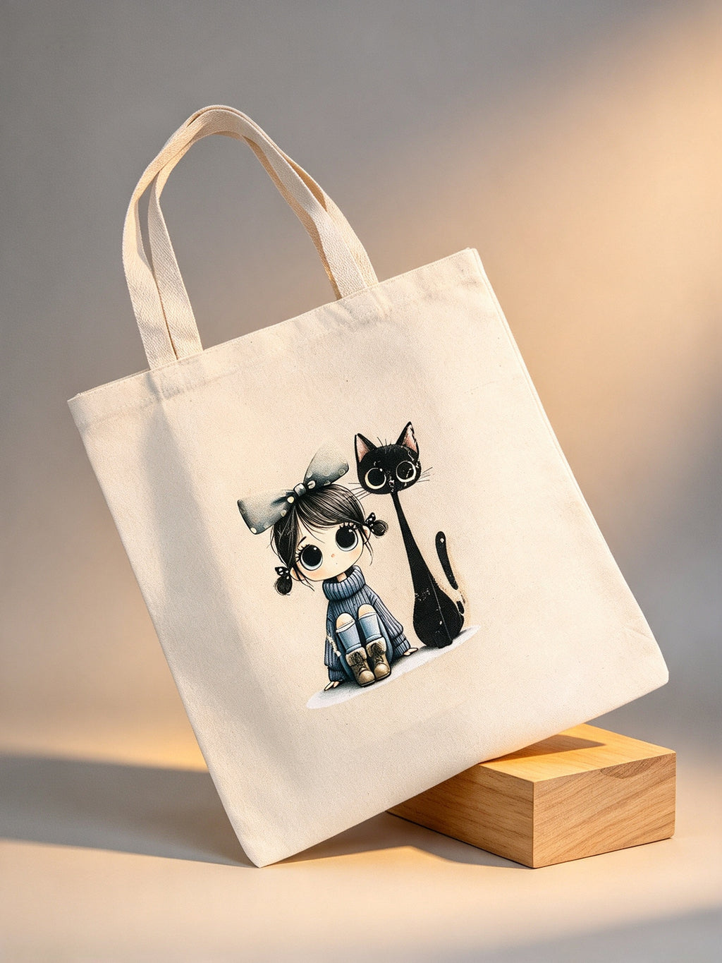 Midnight Duo Girl & Cat Canvas Tote Bag
