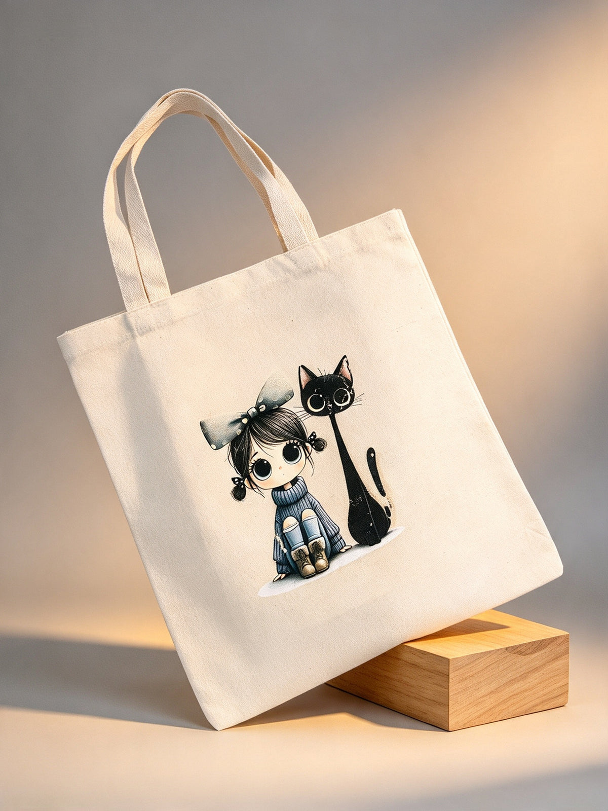 Midnight Duo Girl & Cat Canvas Tote Bag
