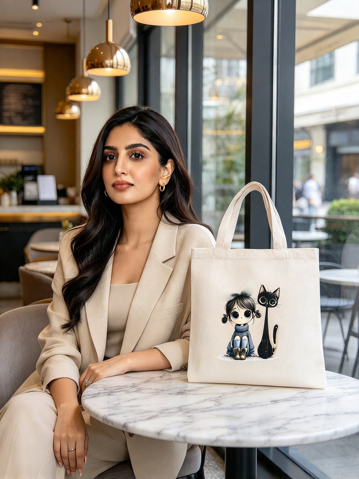 Midnight Duo Girl & Cat Canvas Tote Bag
